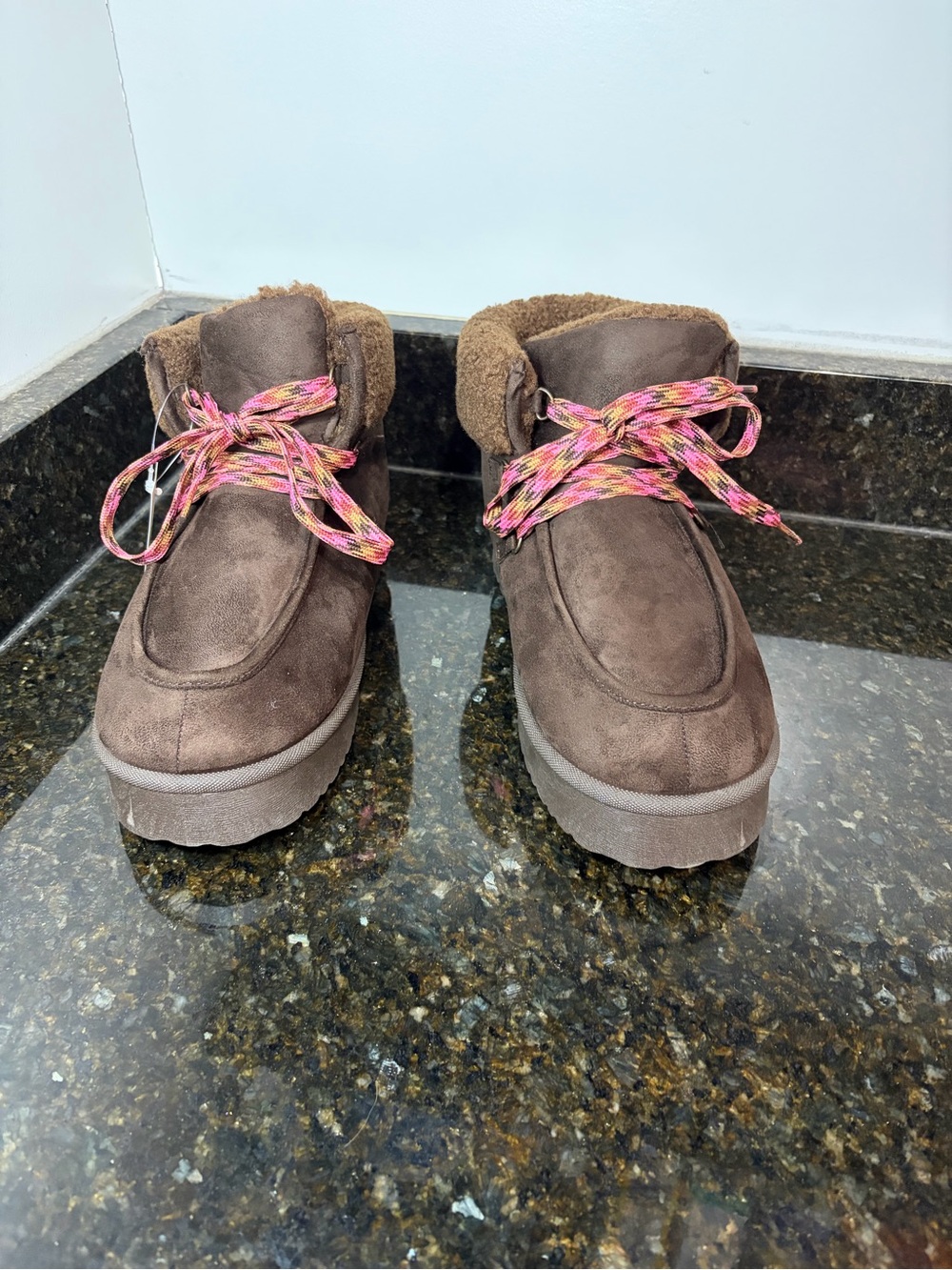 FALLS CREEK NWT Women's Brown Faux-Suede Ankle Boots with Pink Accent Laces